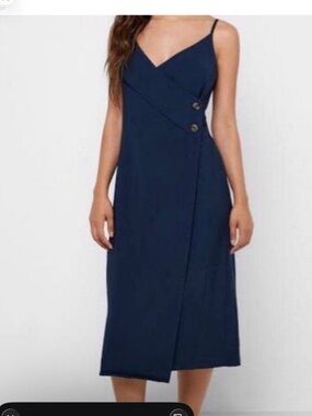 Mango Navy Wrap Midi Dress with Spaghetti Straps